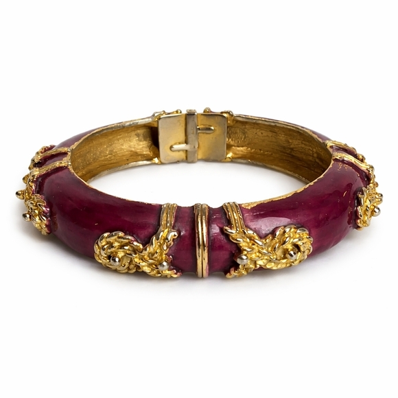 Kenneth Jay Lane KJL Purple Enamel Hinged Clamper Bangle Gold Rope Scroll Bracel - Picture 2 of 12